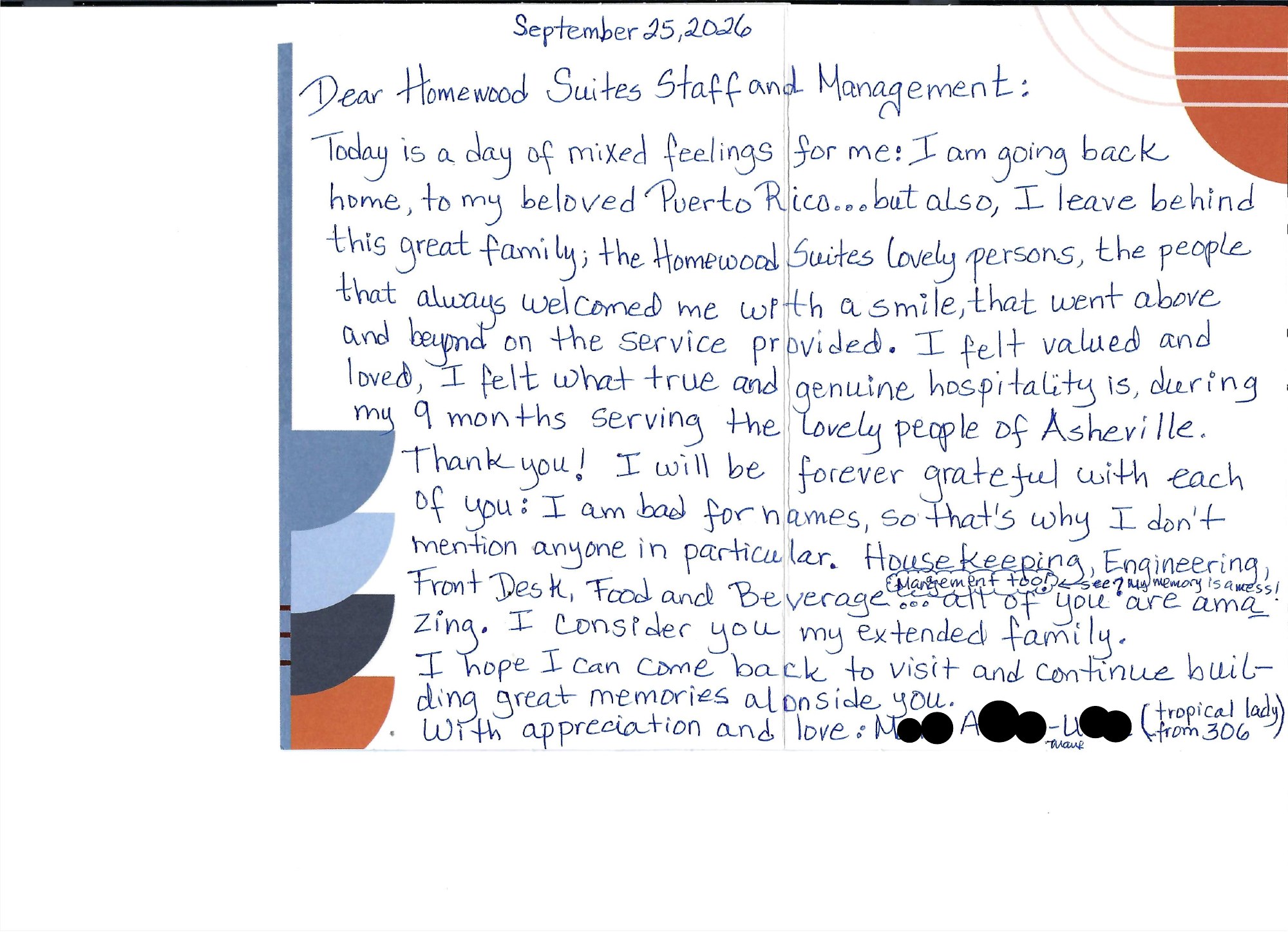 Handwritten thank-you card from MA-U to the Homewood Suites team, with the guest name redacted.